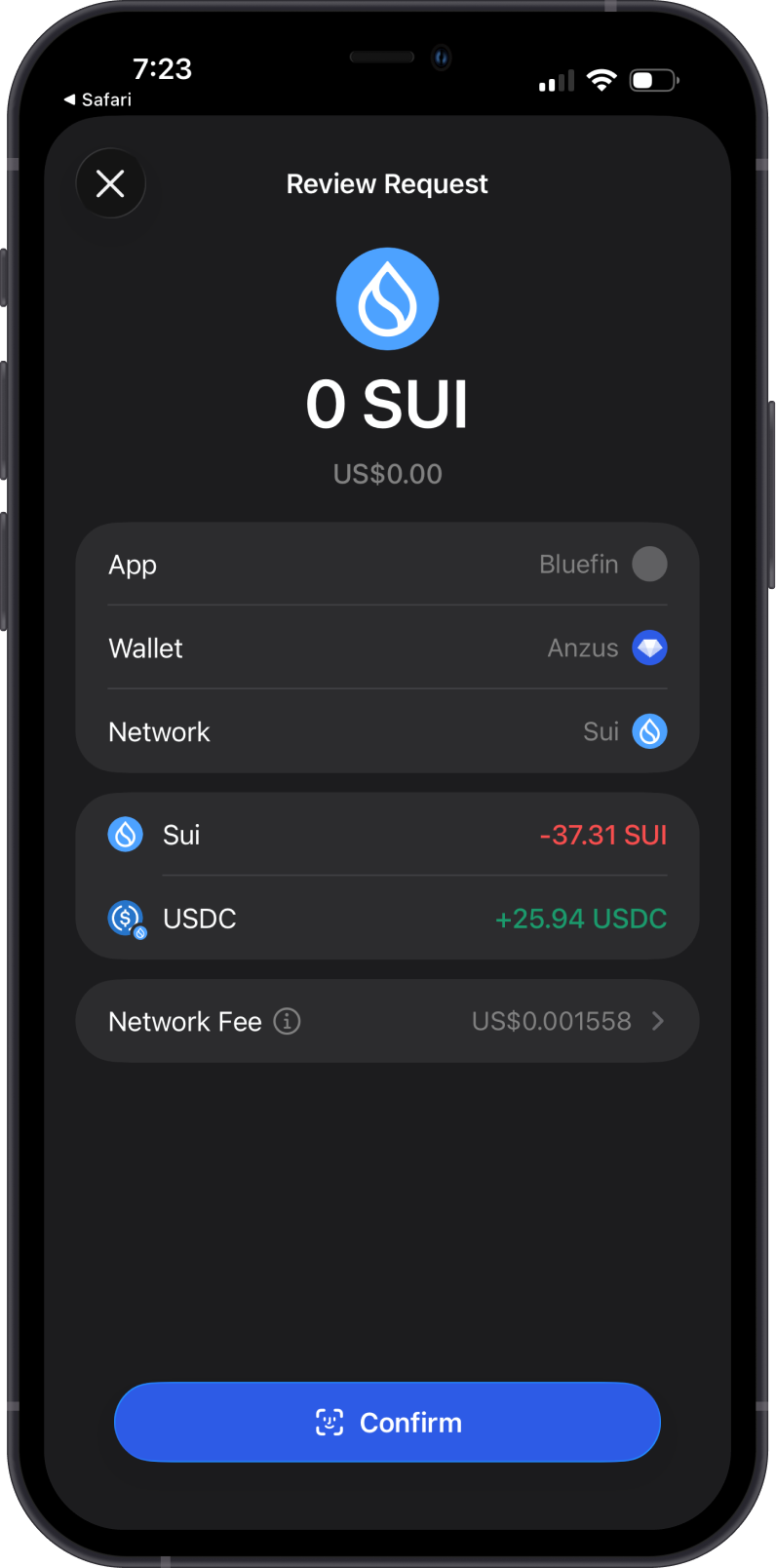 Approve the Bluefin swap request in Gem Wallet