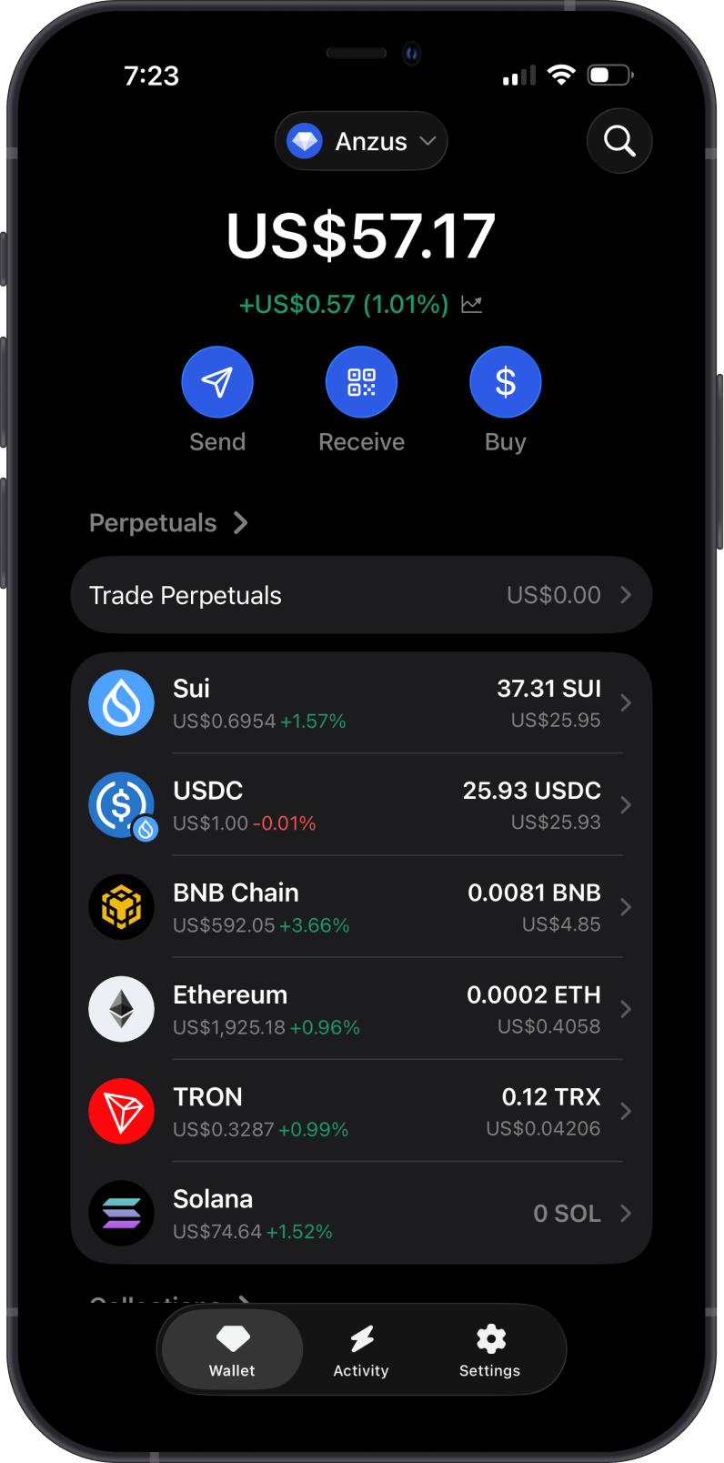 Updated SUI and USDC balances in Gem Wallet