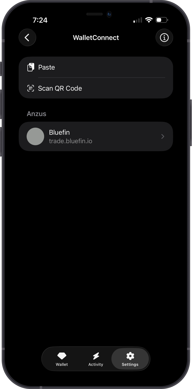 Open the Bluefin WalletConnect session in Gem Wallet