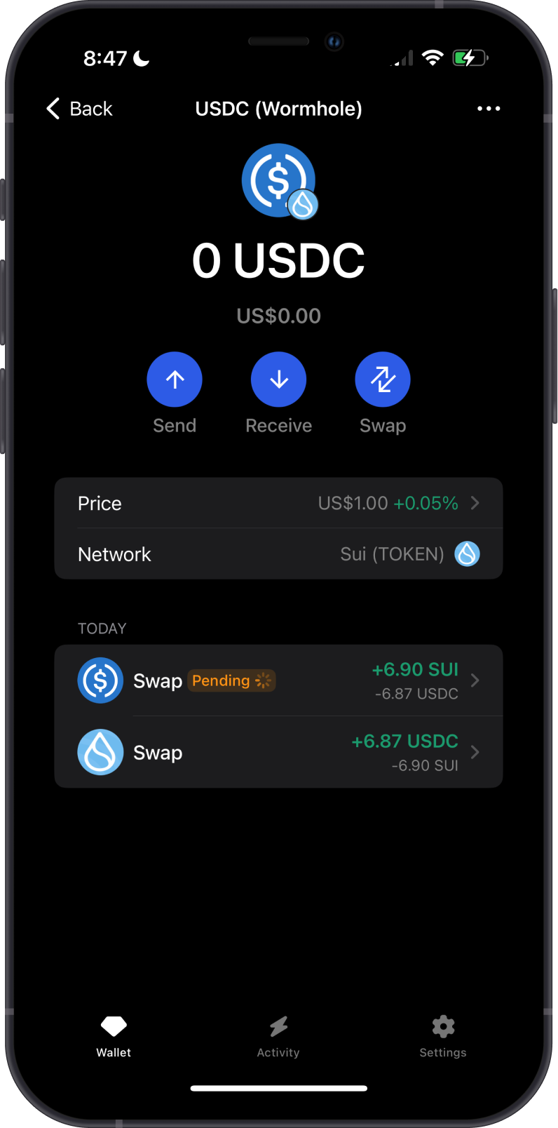 Pending Swap of USDC to SUI