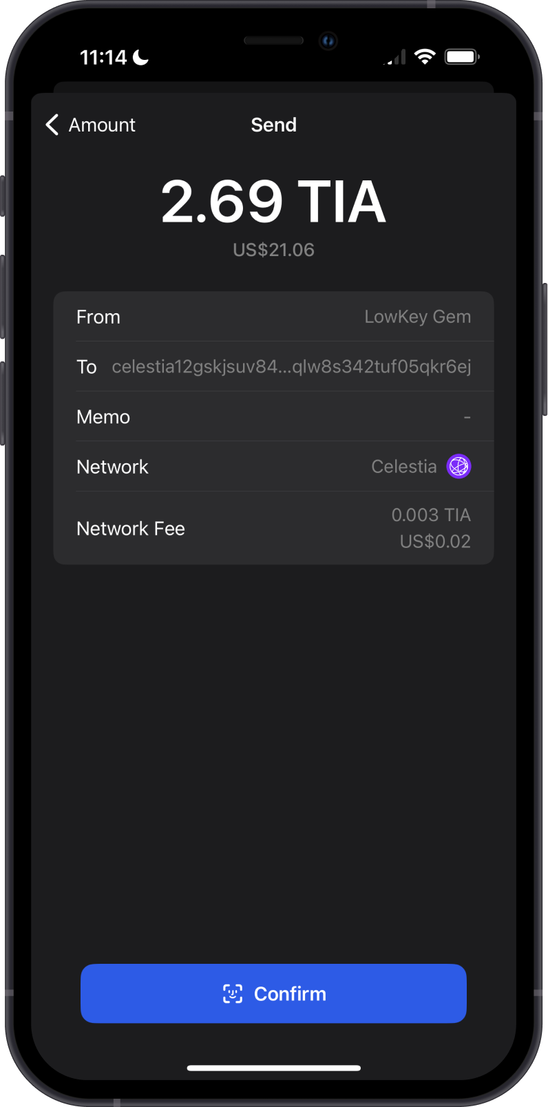 Send TIA fee on Gem Wallet