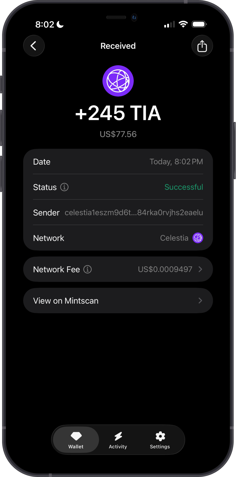 Received Celestia Transaction