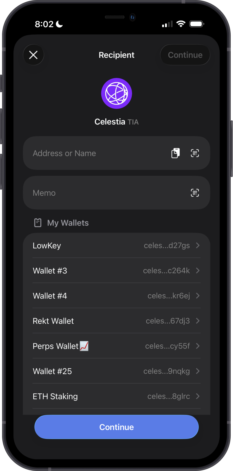 Enter a Celestia Recipient and Memo