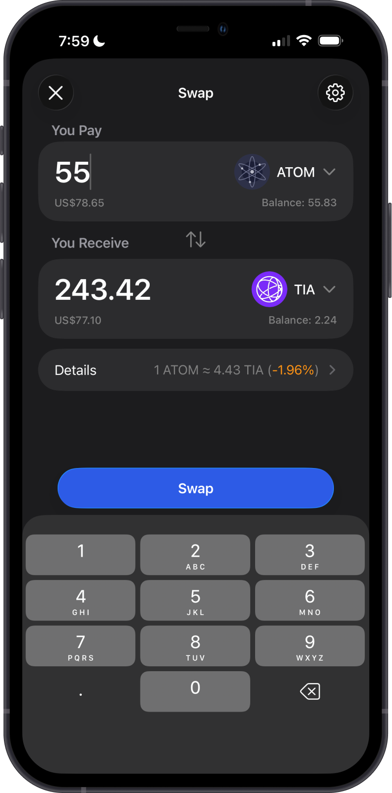 Enter Cosmos to Celestia Swap Amount
