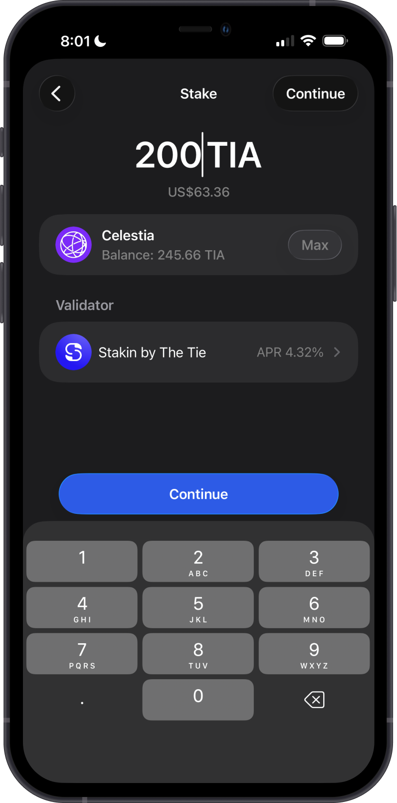 Choose a TIA Validator and Amount