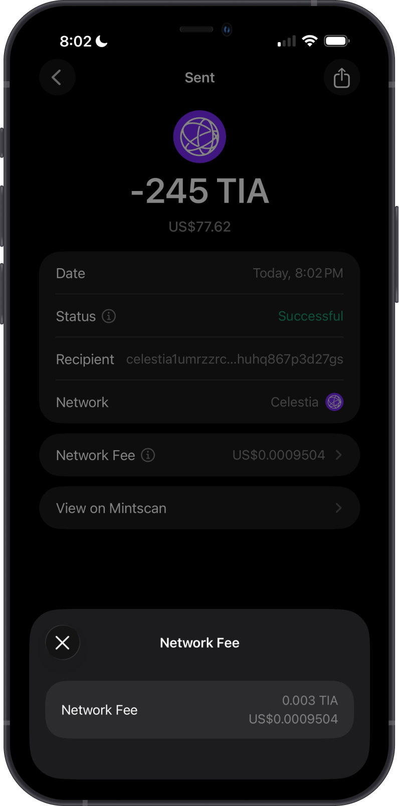Sent Celestia Transaction Fee Details