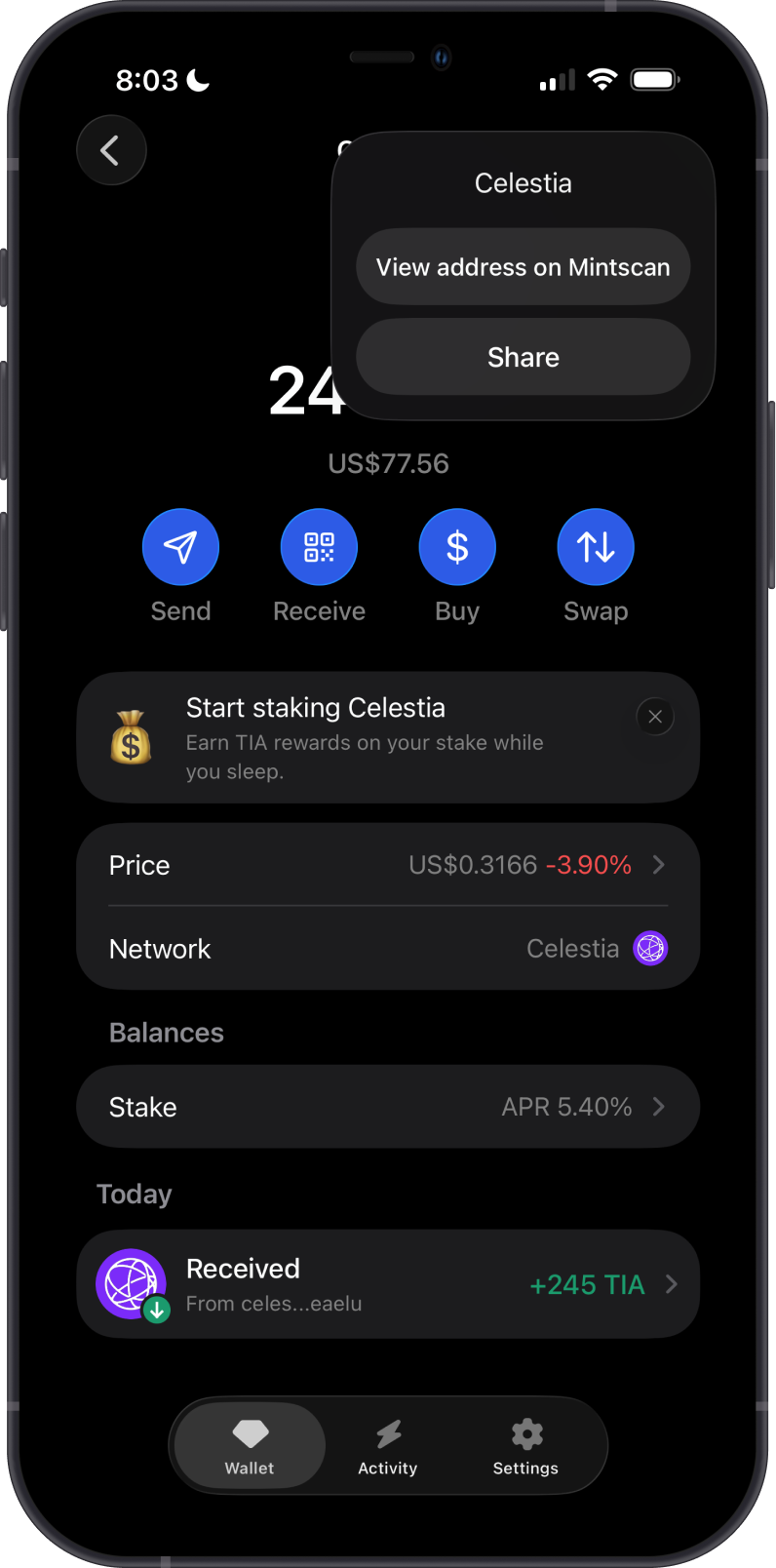 Open Celestia Address on Mintscan