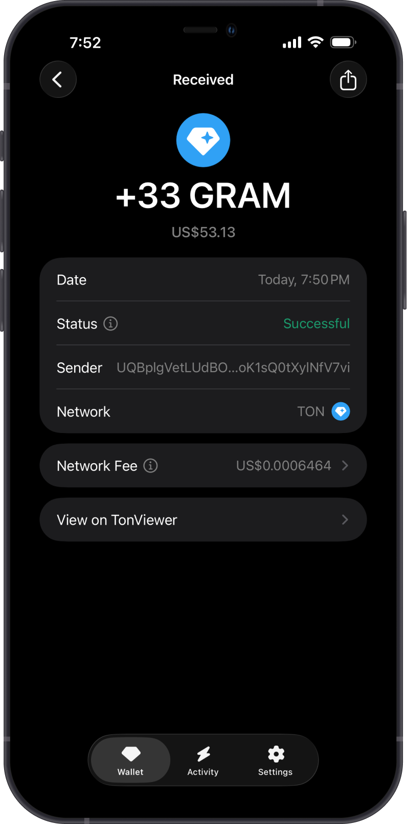 Received GRAM Transaction on Gem Wallet