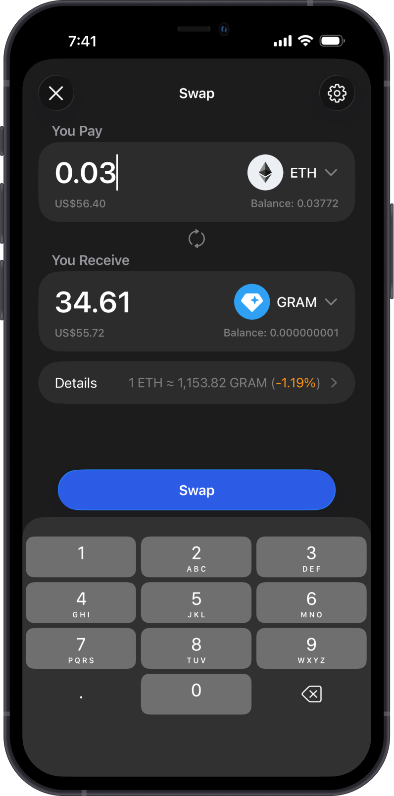 Cross-Chain Swap GRAM on Gem Wallet