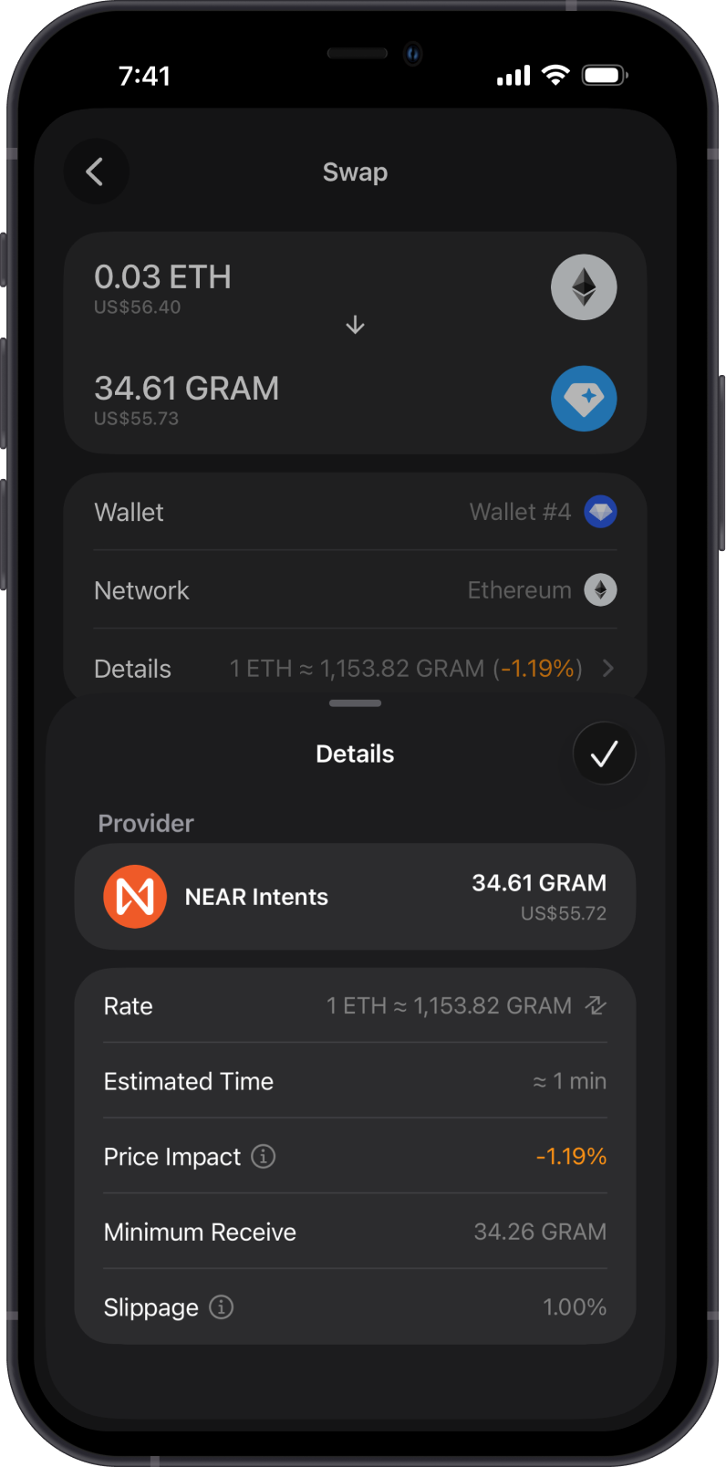 GRAM Cross-Chain Swap Details on Gem Wallet