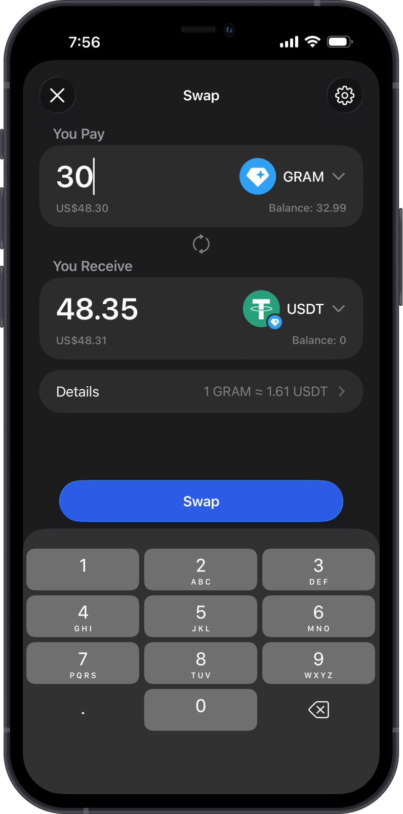 Swap GRAM to TON Jettons on Gem Wallet