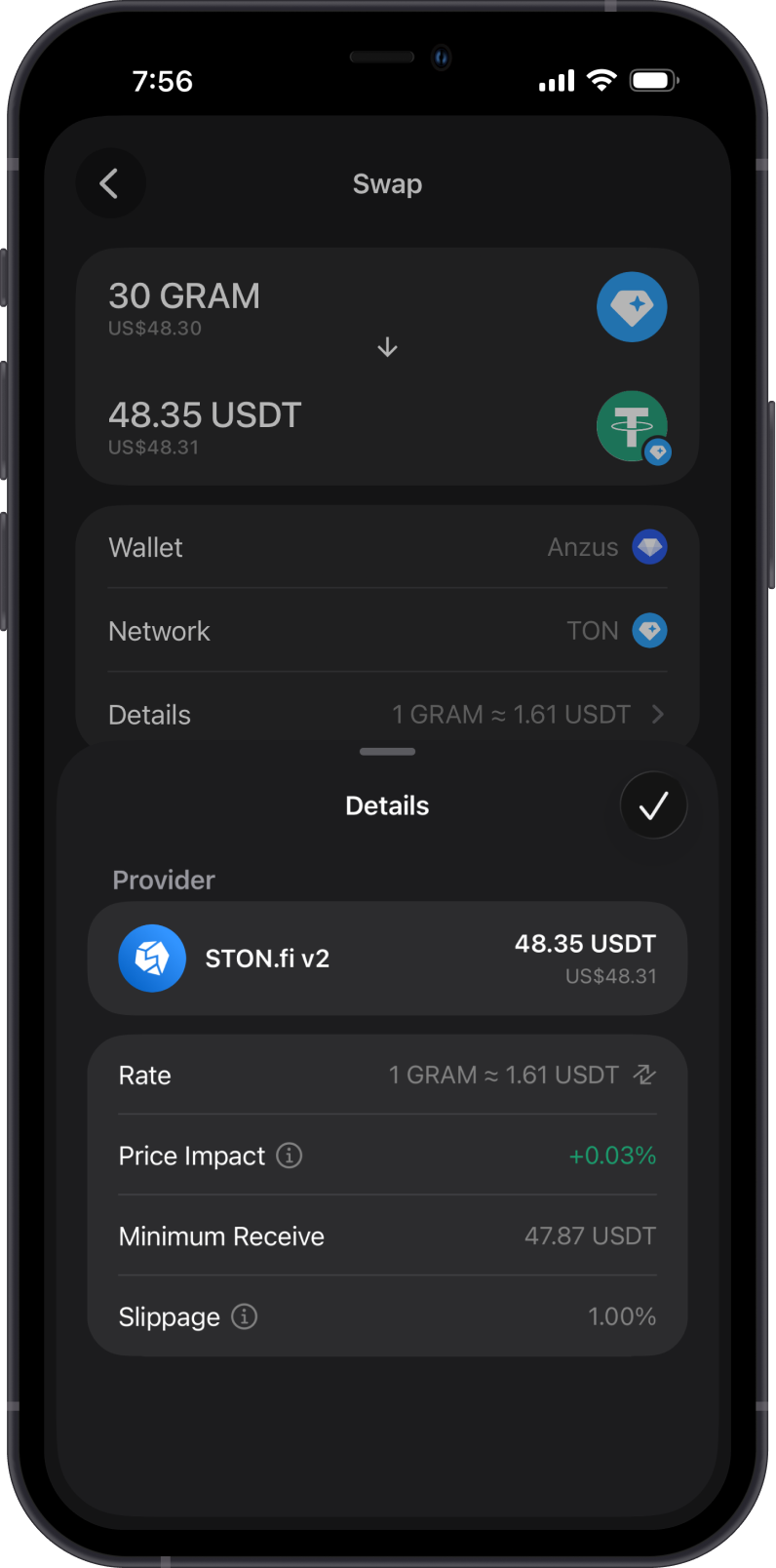 TON Jetton Swap Details on Gem Wallet