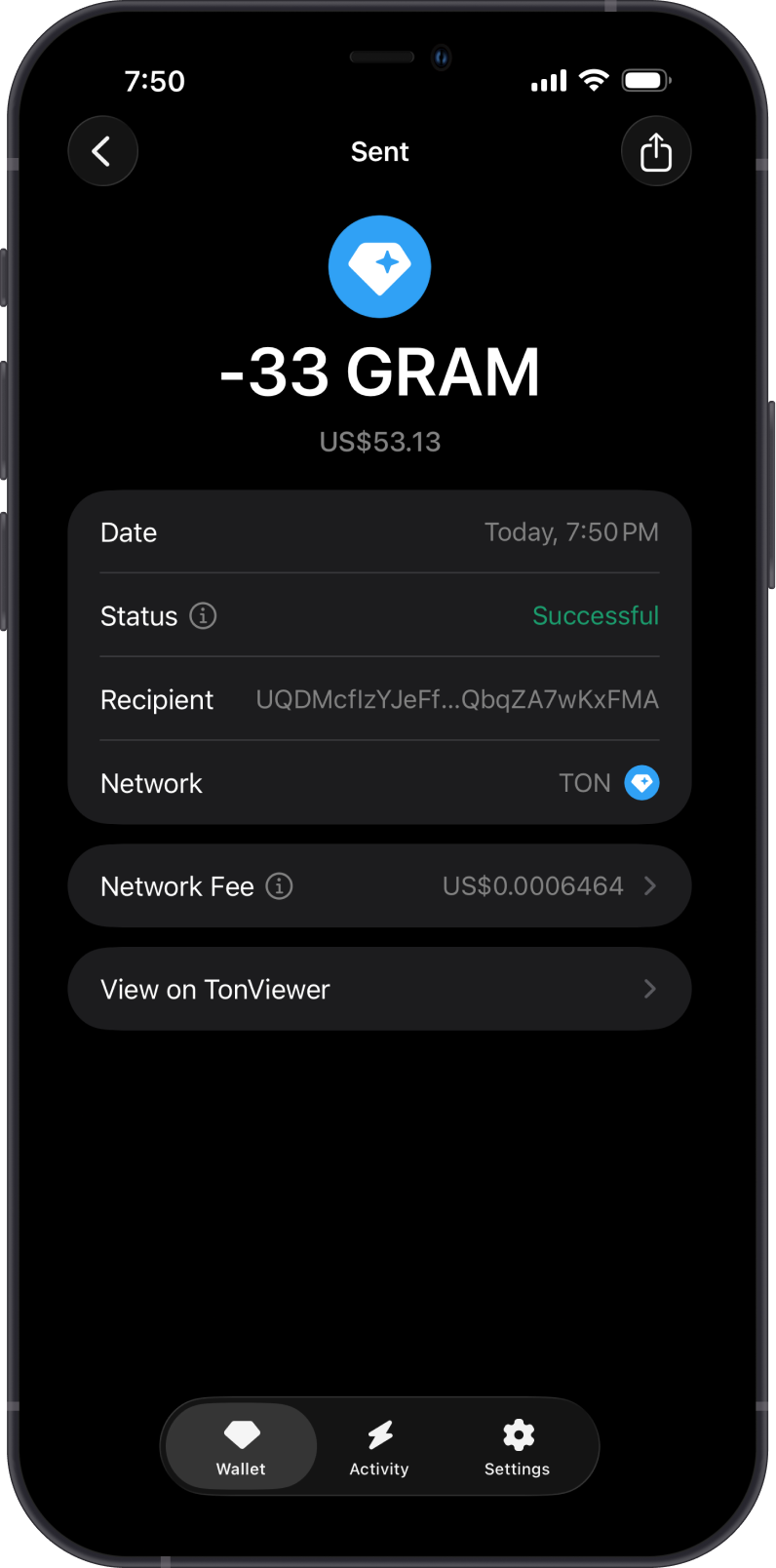 Sent GRAM Transaction on Gem Wallet