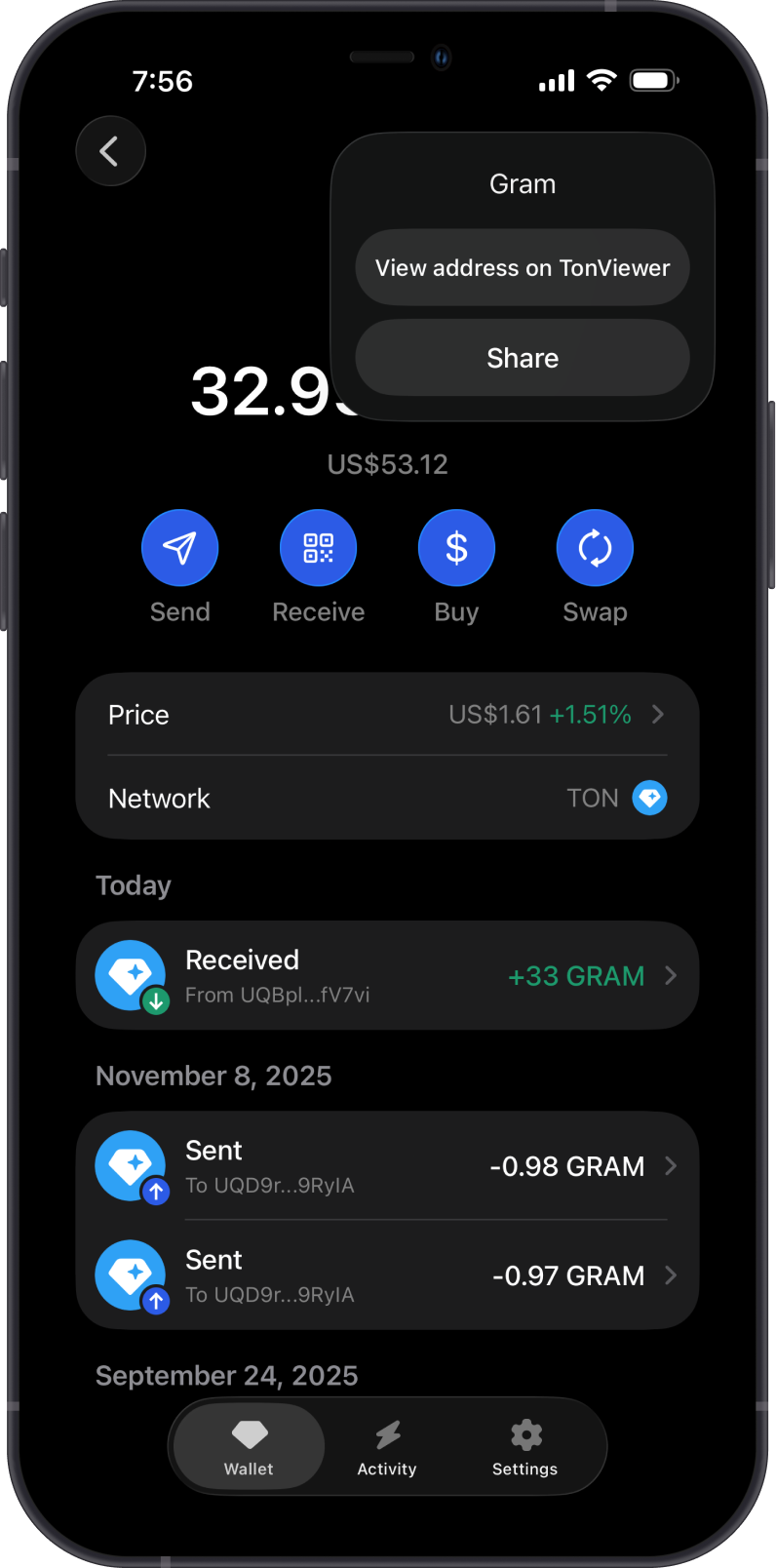 Open Tonviewer on Gem Wallet