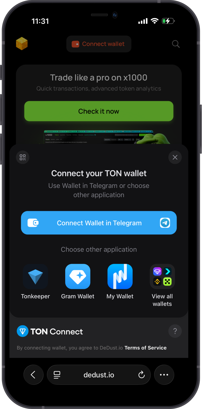Connect your TON wallet on DeDust