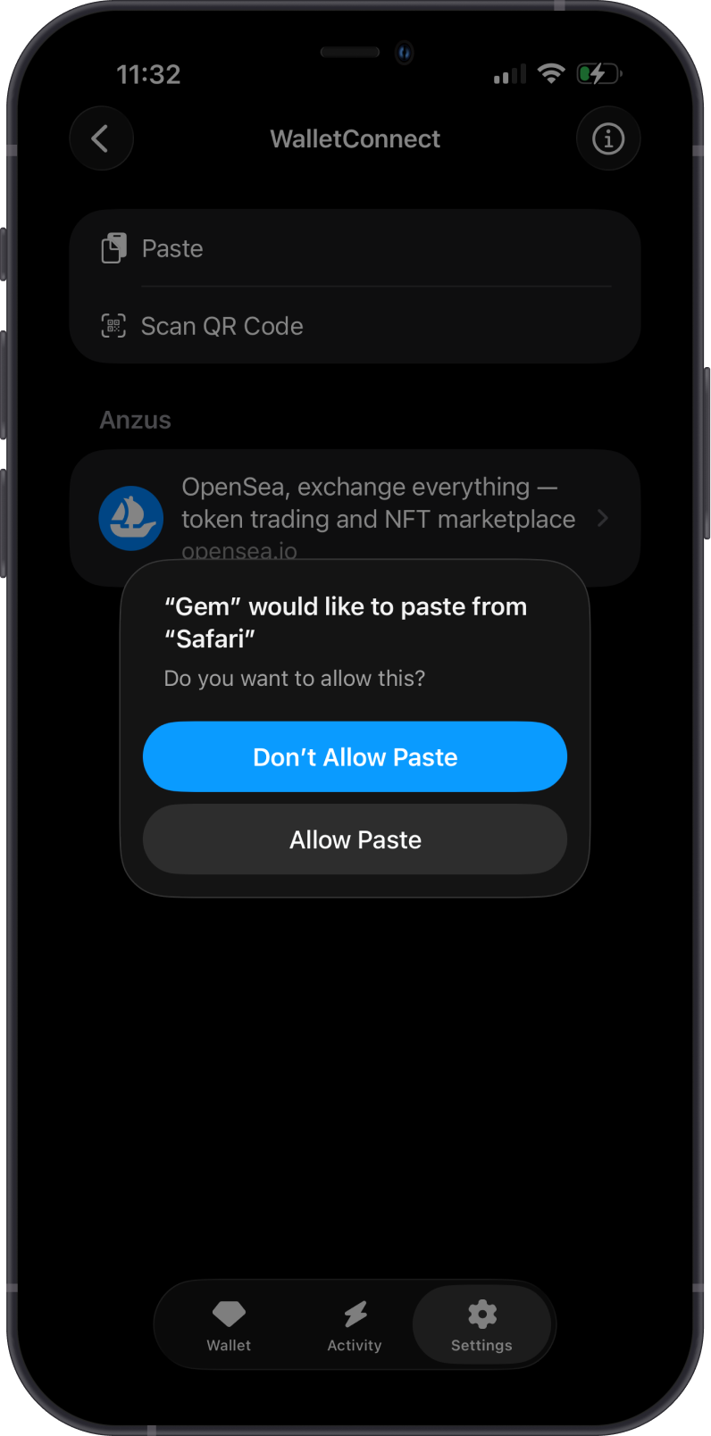 Allow Gem Wallet to paste the URI