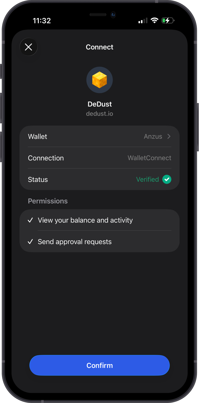 Confirm the DeDust connection in Gem Wallet