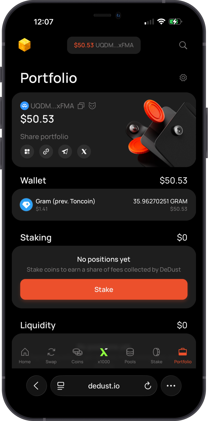 DeDust portfolio after connecting Gem Wallet