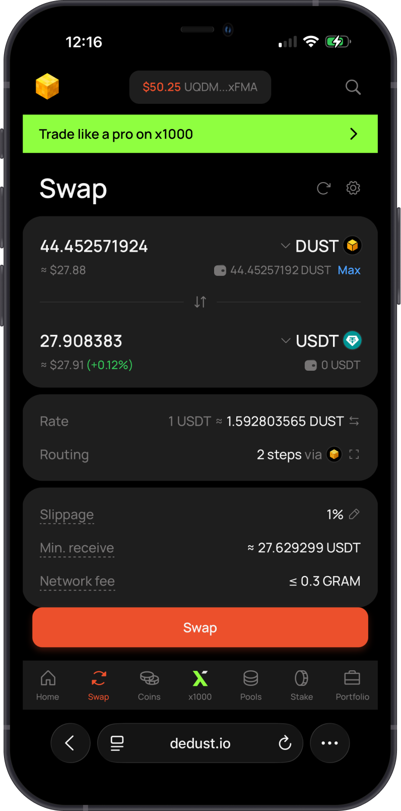 Review the DUST to USDT swap quote