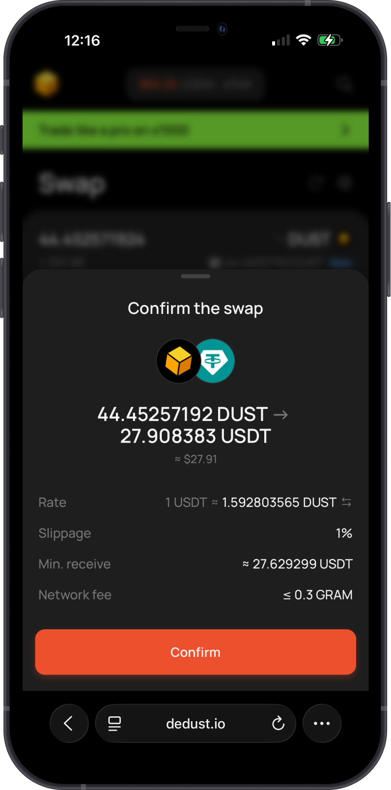 Confirm the DUST to USDT swap on DeDust