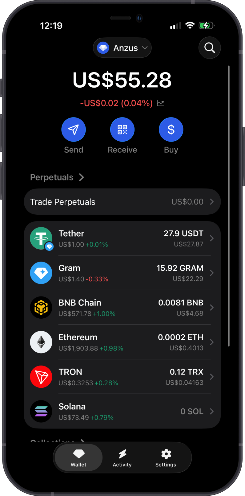 Updated GRAM and USDT balances in Gem Wallet