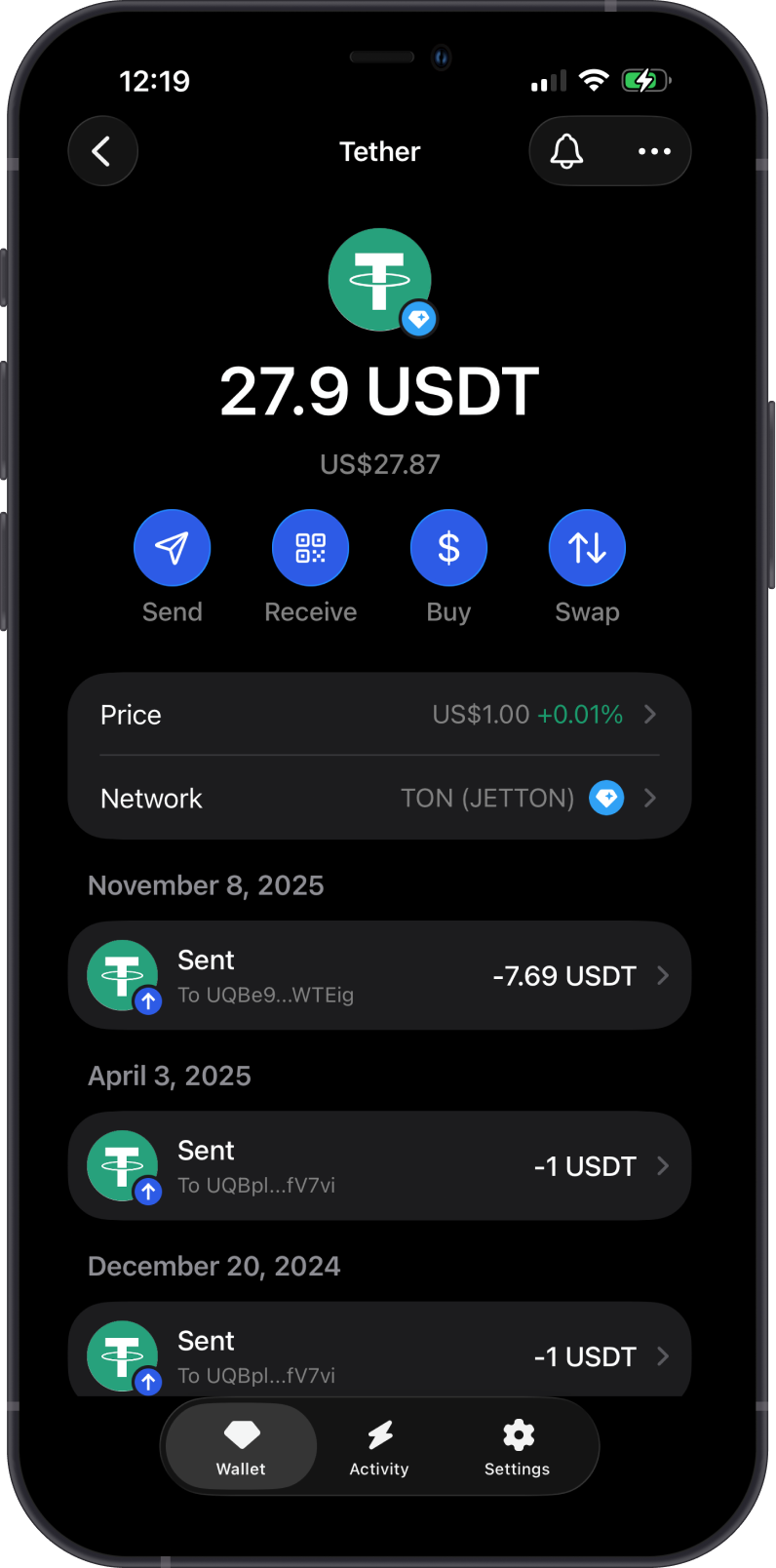 USDT Jetton balance and transaction history