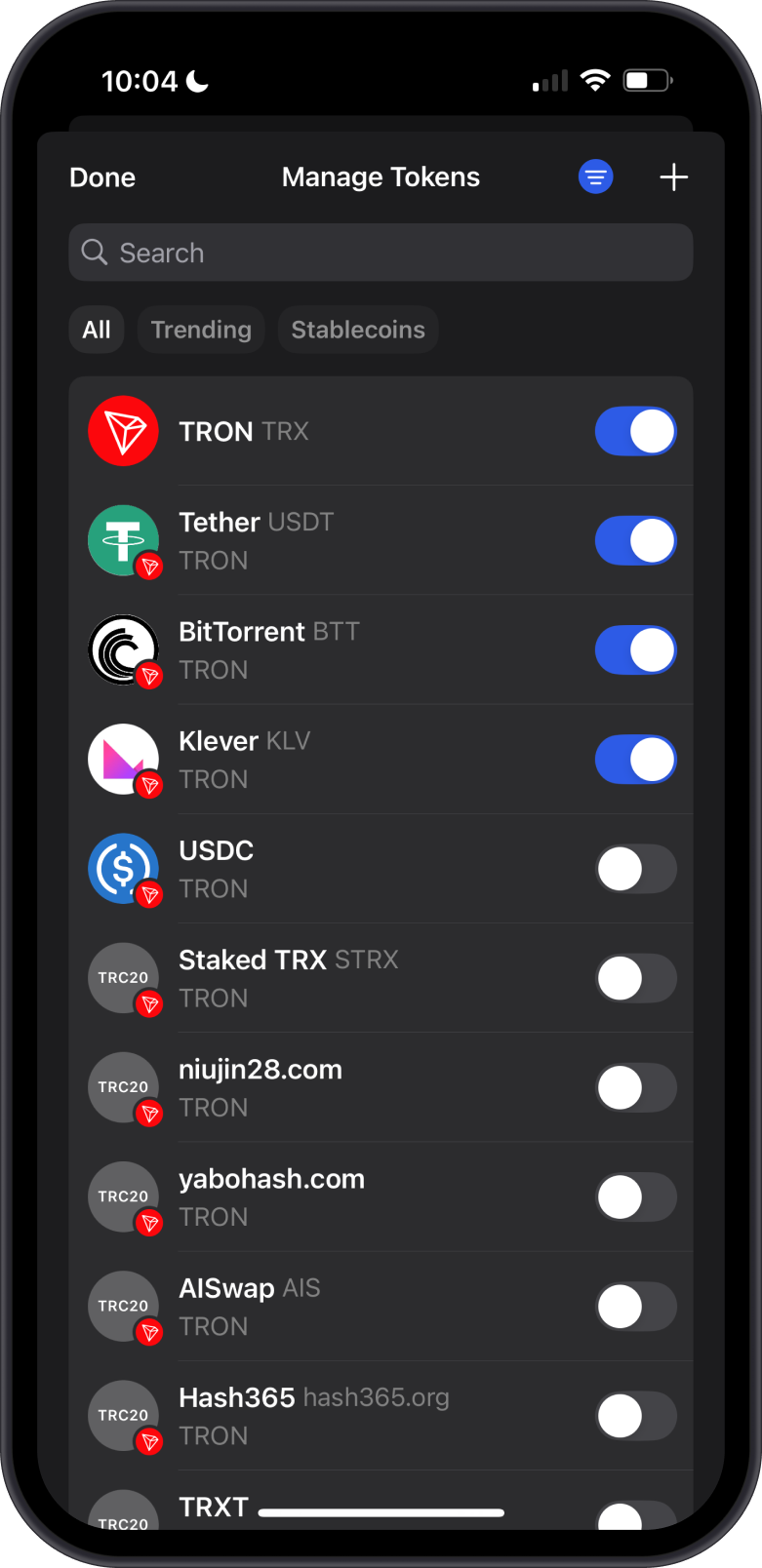 TRC20 Token List on Gem Wallet