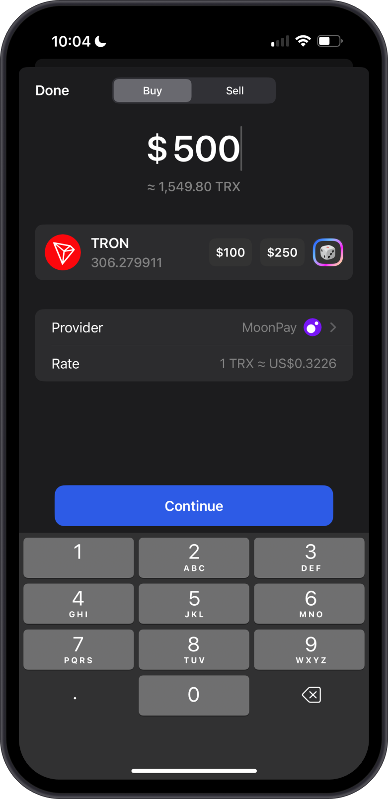Buying TRX with Gem Wallet