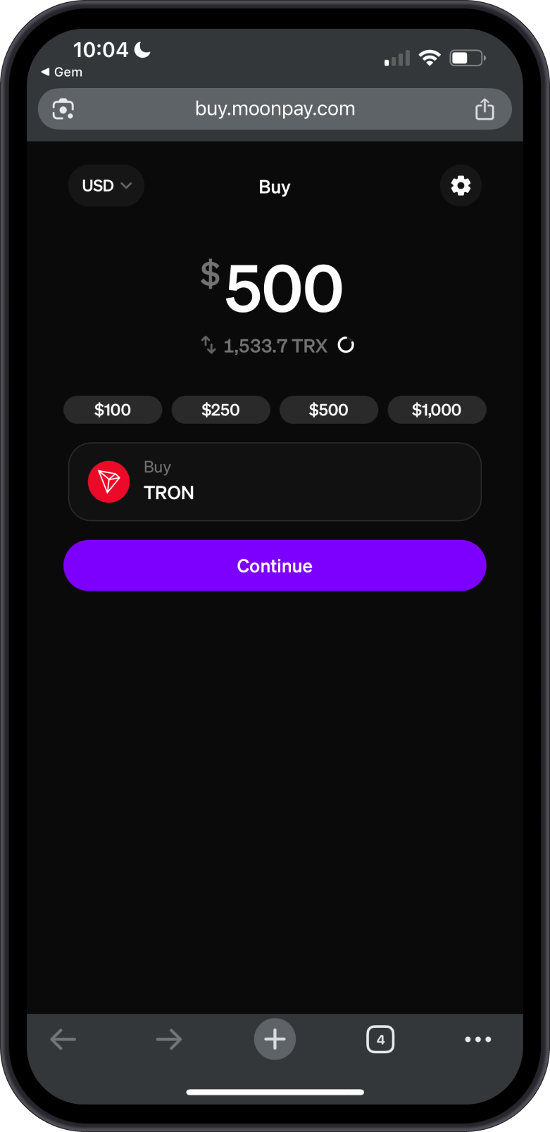 Buy TRX with MoonPay
