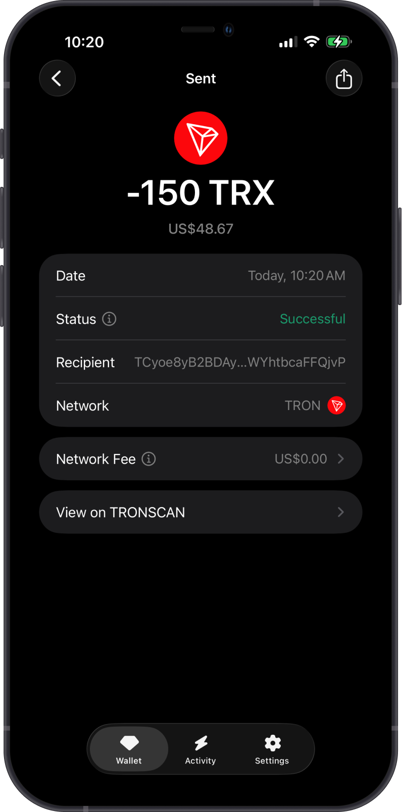 Sent TRX on Gem Wallet