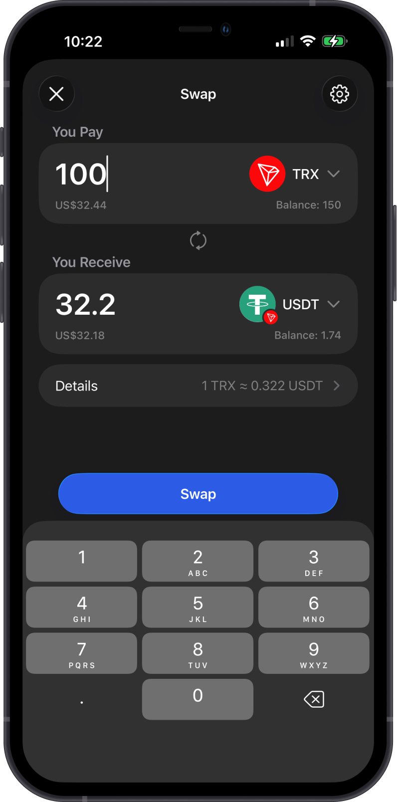 Swap TRX to TRC20 Tokens on Gem Wallet