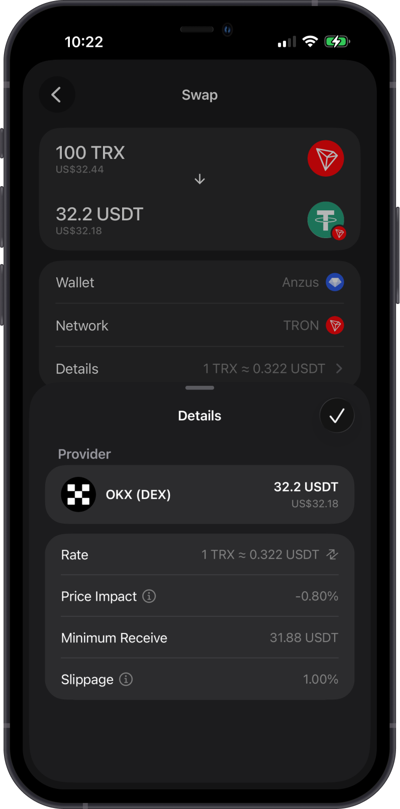 TRX Token Swap Details on Gem Wallet
