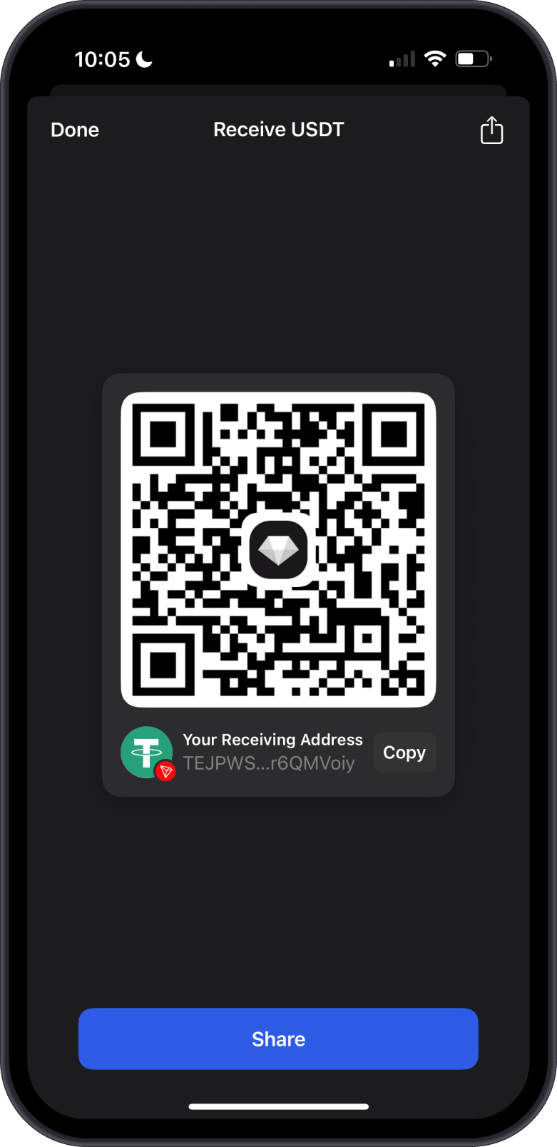 USDT TRC20 Address on Gem Wallet