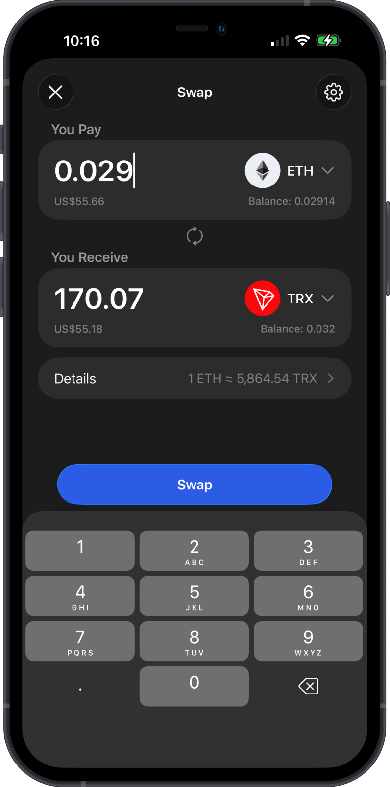 Cross-Chain Swap TRX on Gem Wallet