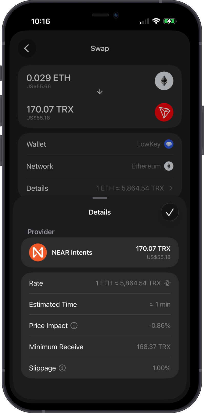 TRX Cross-Chain Swap Details on Gem Wallet