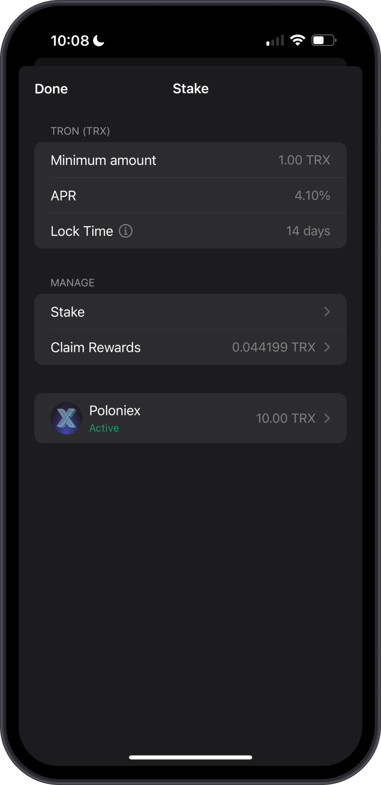 TRX Staking Details on Gem Wallet