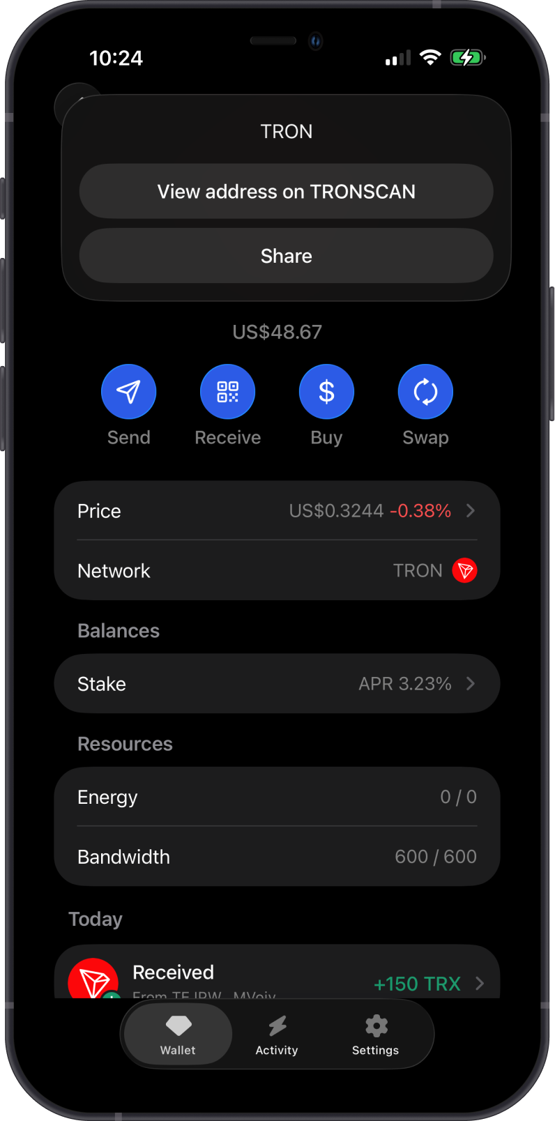Open TRONScan on Gem Wallet