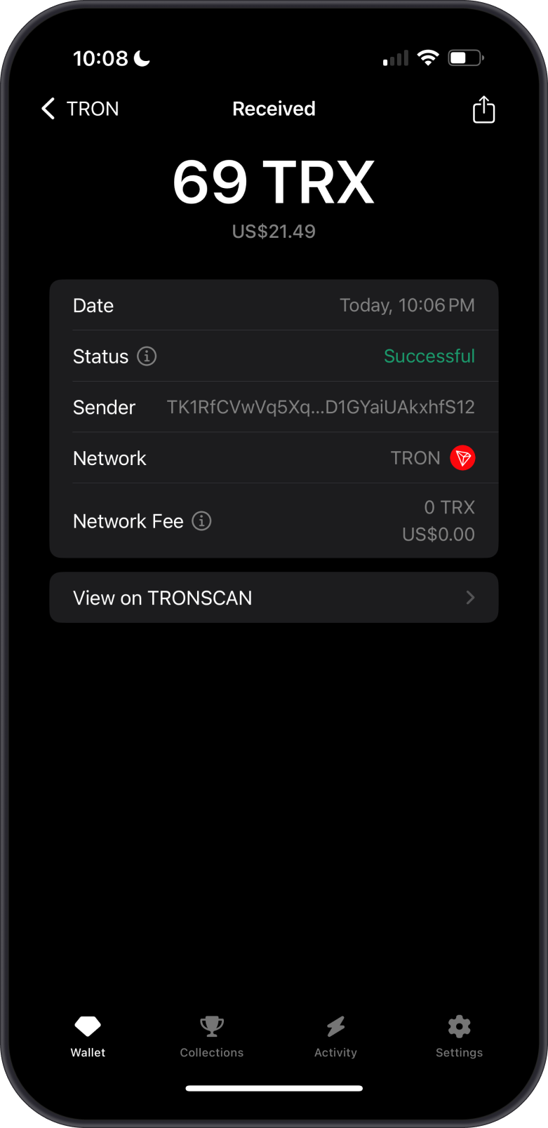 Checking TRX Balance on TRONScan