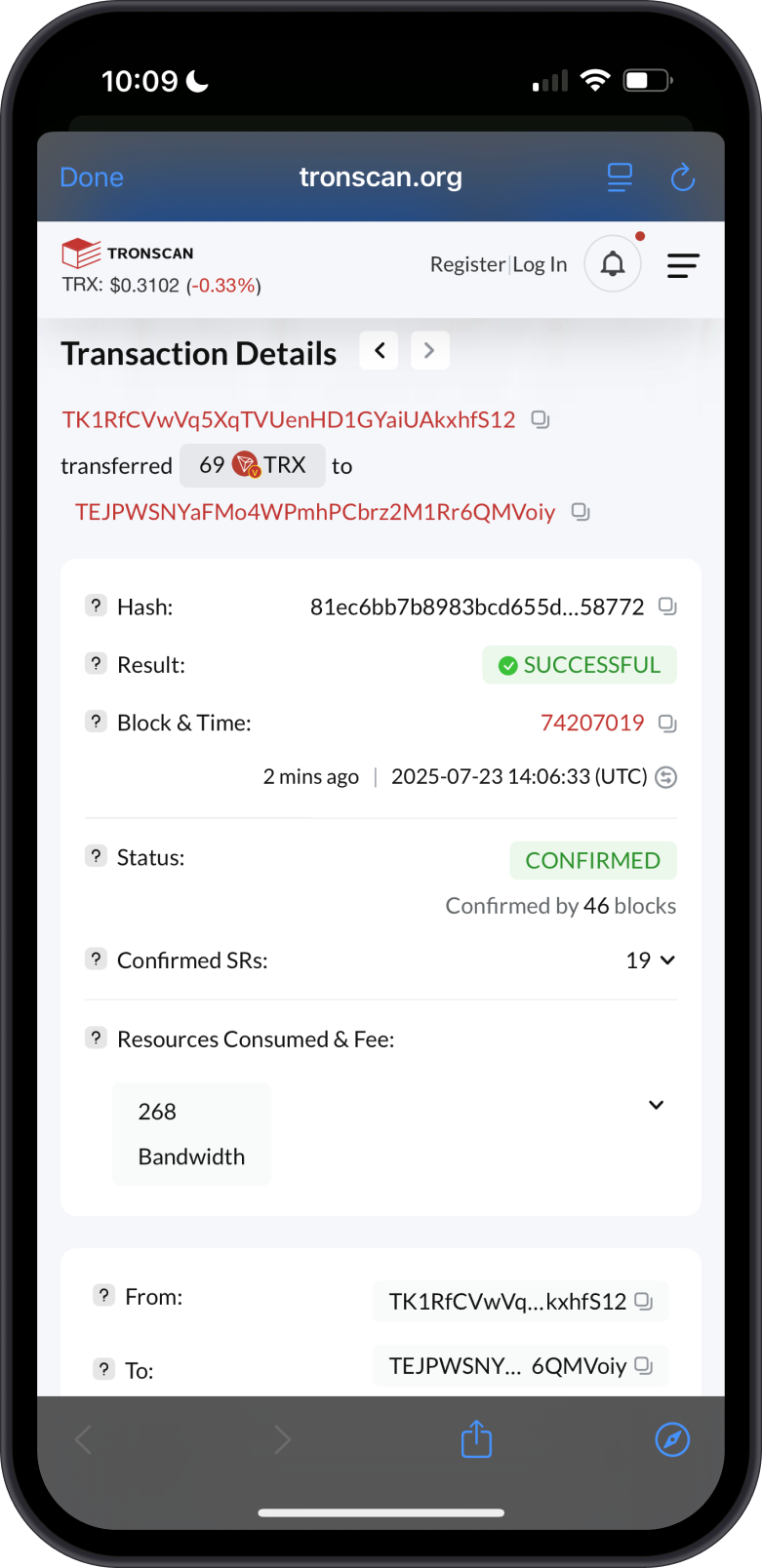 Checking TRX Transaction on TRONScan