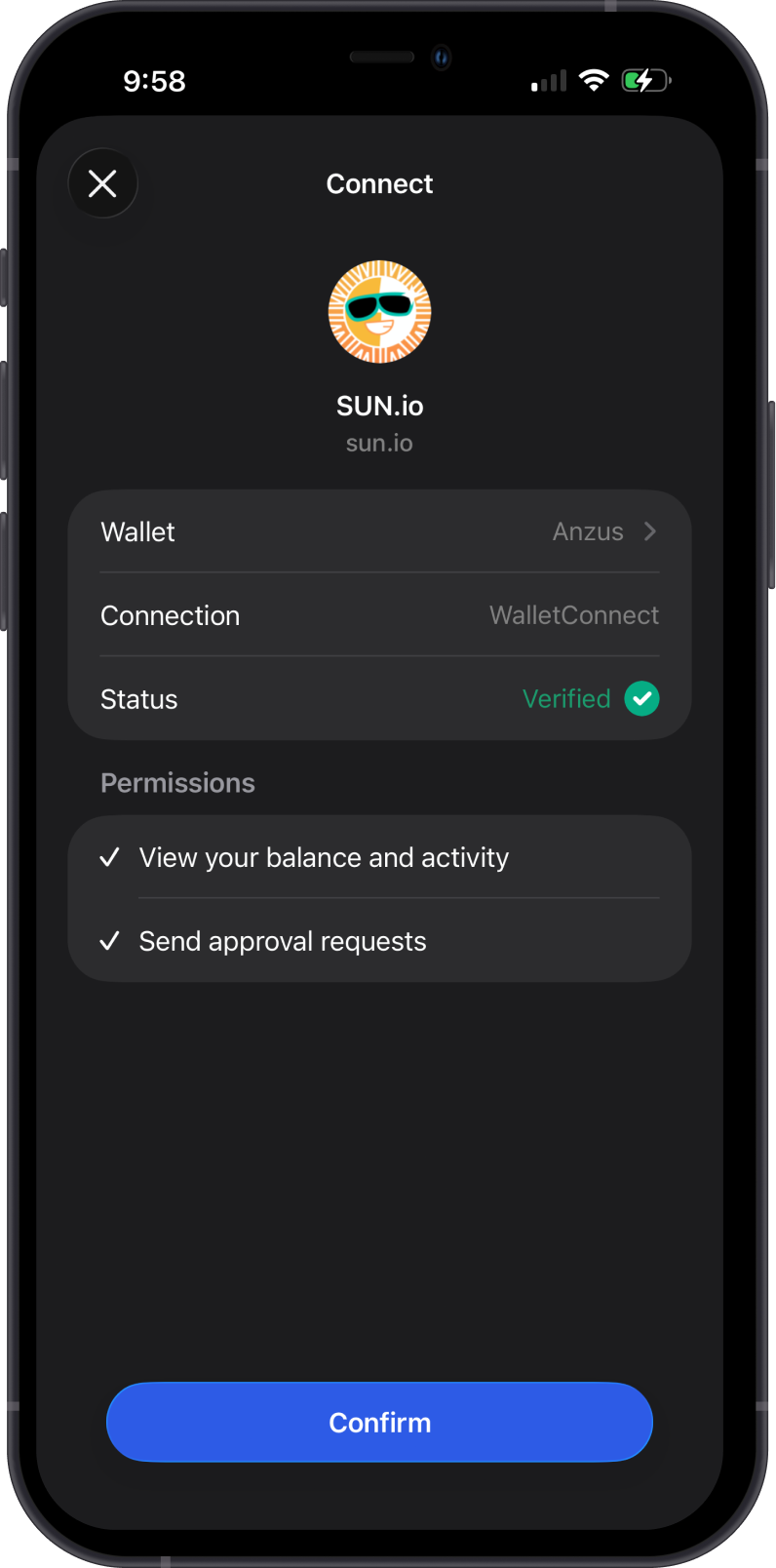 Confirm a SUN.io connection in Gem Wallet