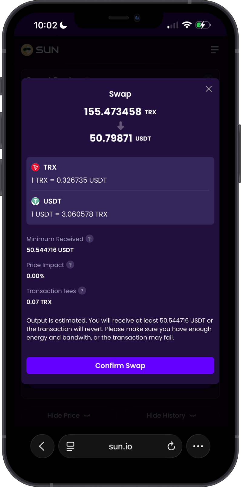 Review a TRON swap on SUN.io