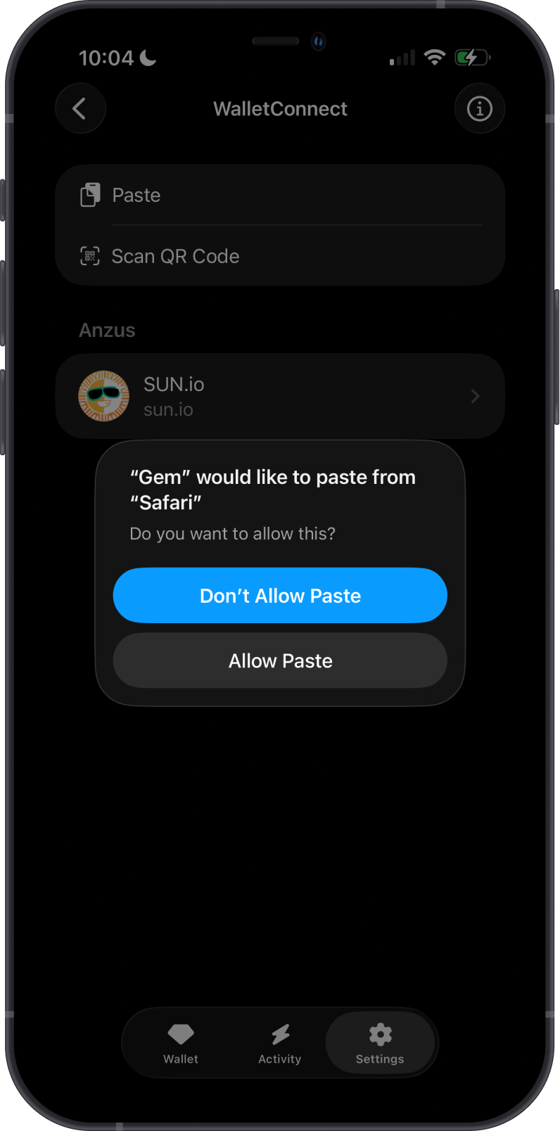 Paste a TRON WalletConnect link in Gem Wallet