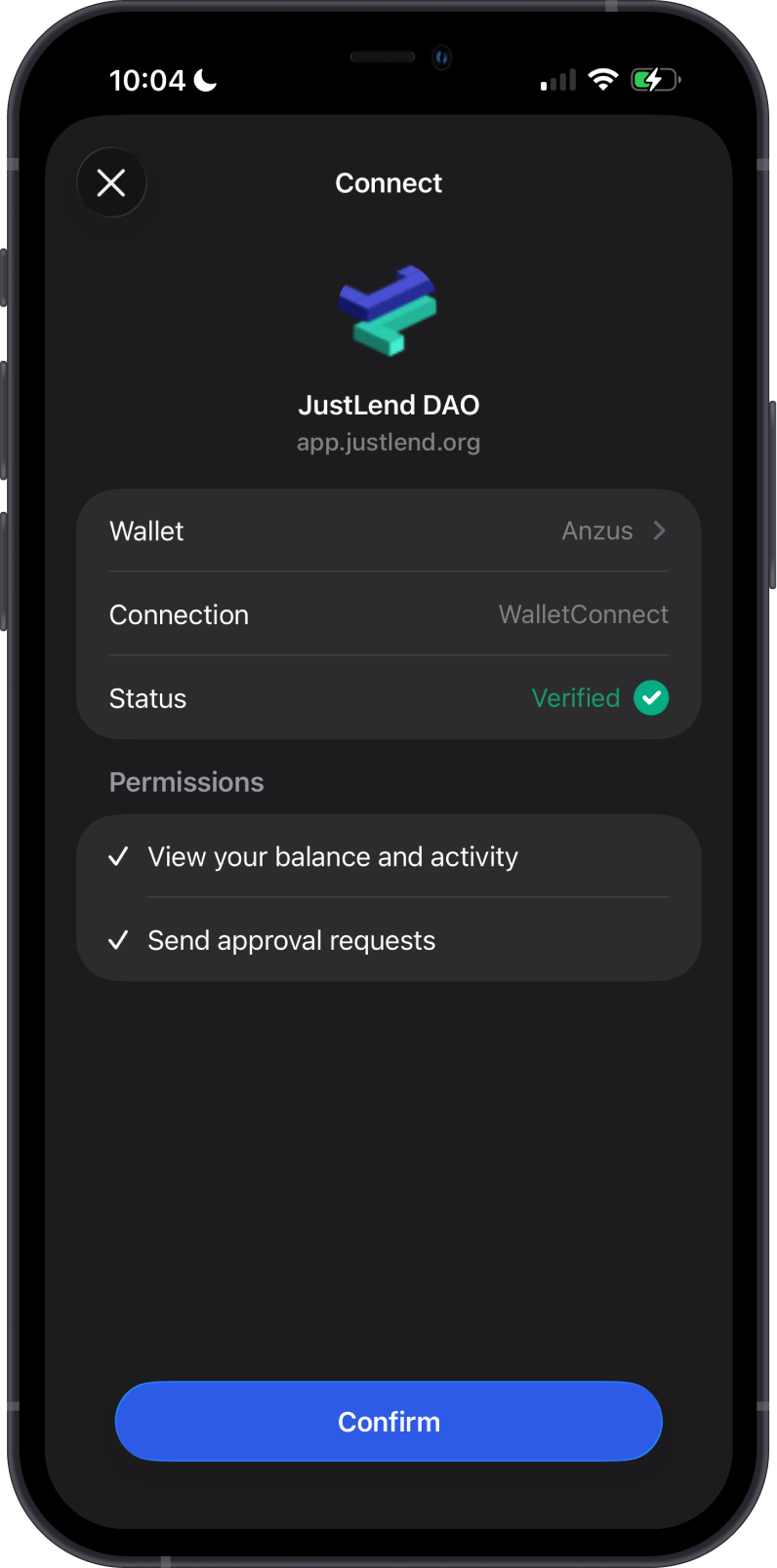 Confirm the JustLend DAO connection in Gem Wallet