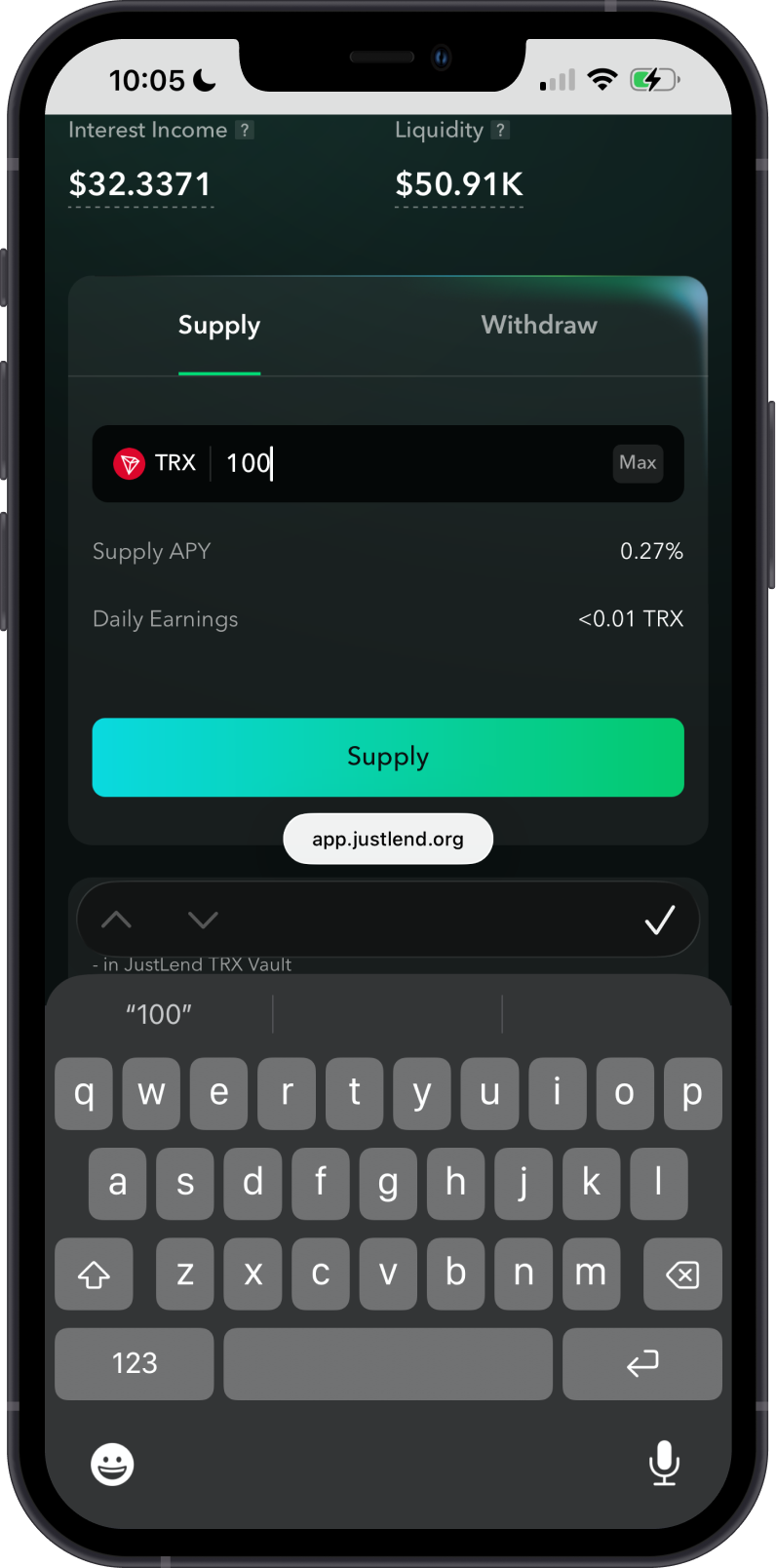 Enter the TRX supply amount on JustLend DAO