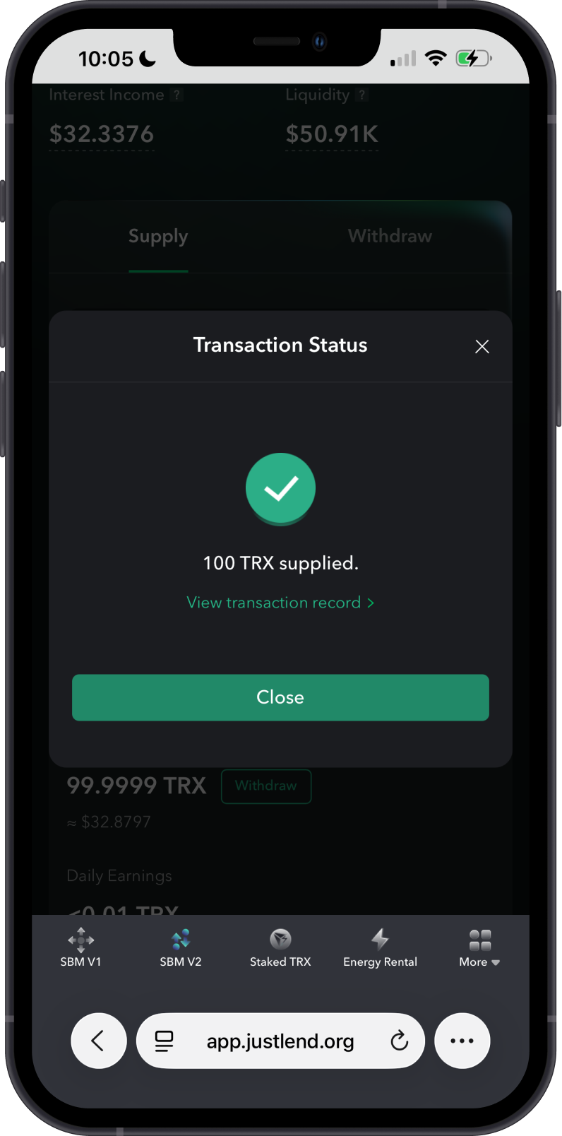 Successful TRX supply on JustLend DAO