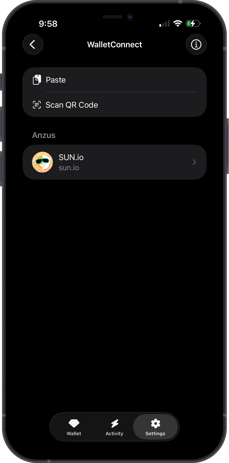 Open a TRON WalletConnect session in Gem Wallet