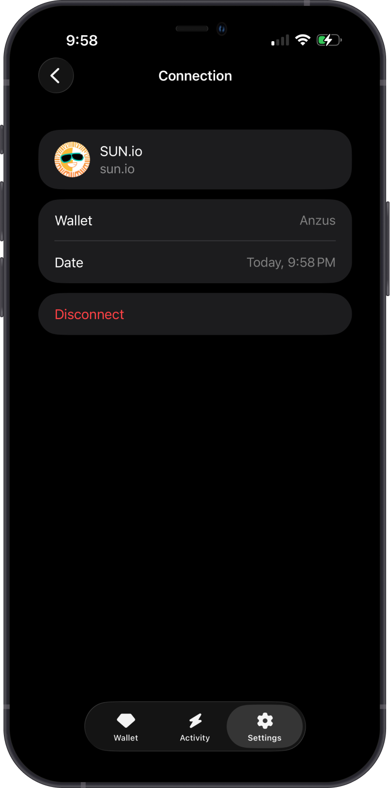 Disconnect a TRON WalletConnect session in Gem Wallet