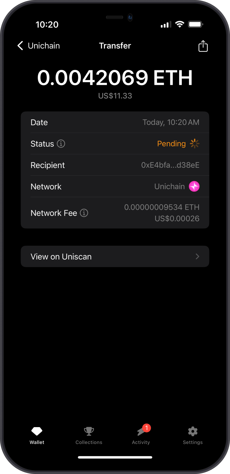 ETH Transaction Screen