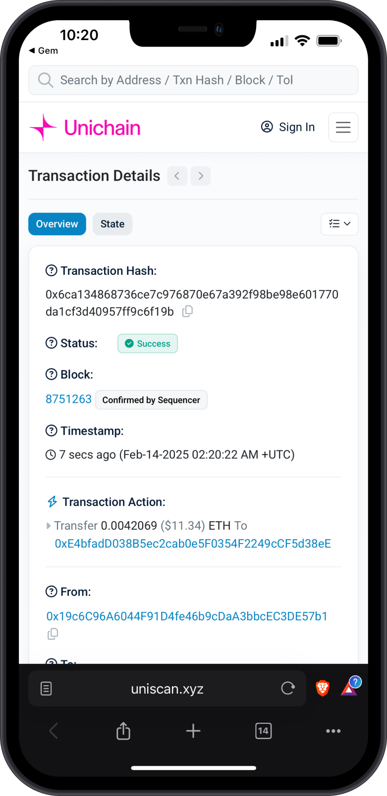 View Transaction on Uniscan