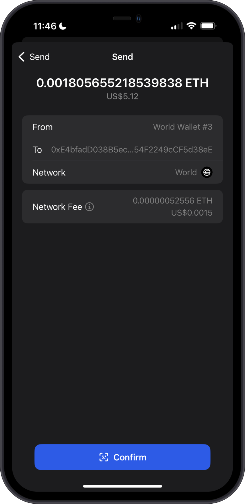 Send World ETH Fee on Gem Wallet